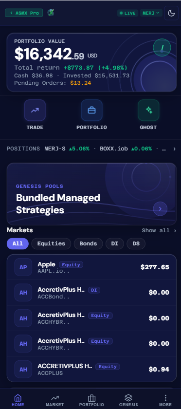 ASMX Pro app showing portfolio value, Genesis Account and live market prices
