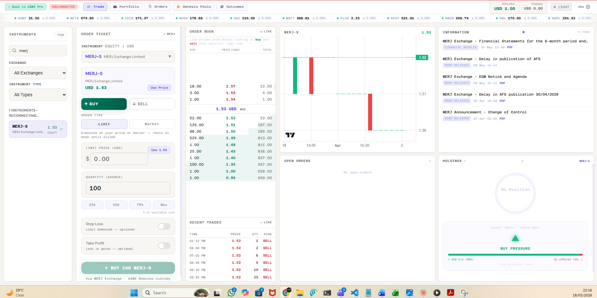 Real-time trading terminal with charts and order book