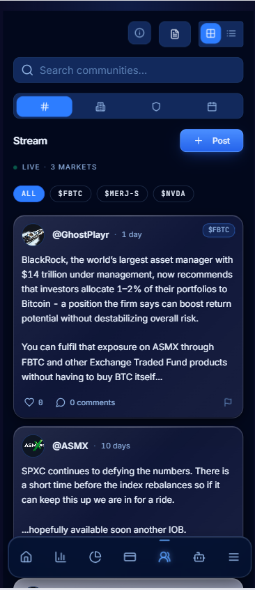 Investor community stream in the ASMX Pro app, with posts across multiple markets