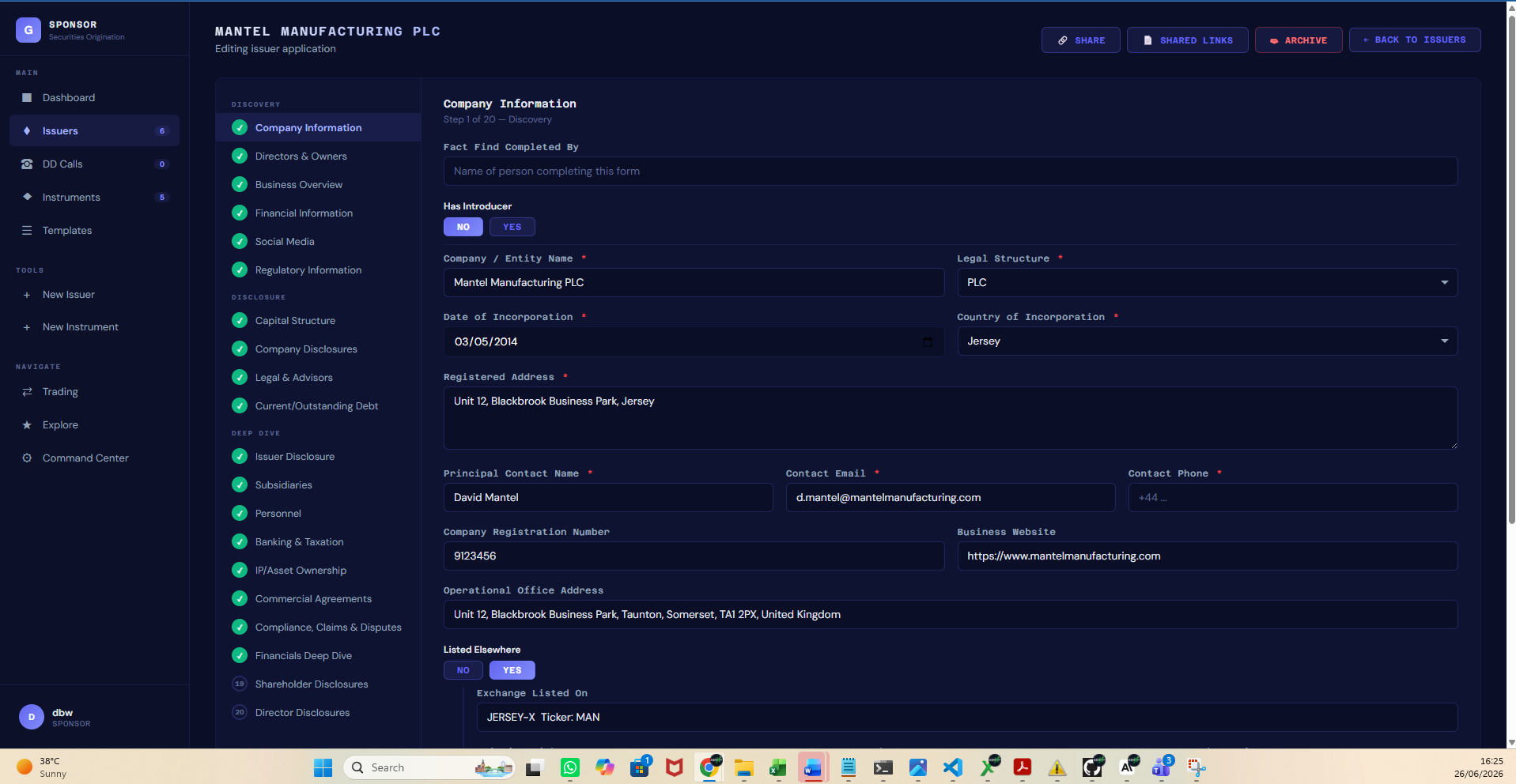 ASMX Pro Sponsor securities-origination dashboard editing an issuer application